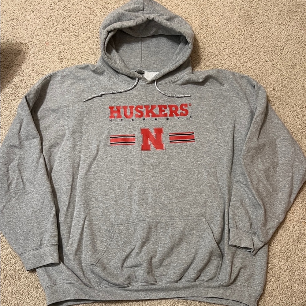Gildan Gray Men's Hoodie with Red Nebraska Huskers Logo